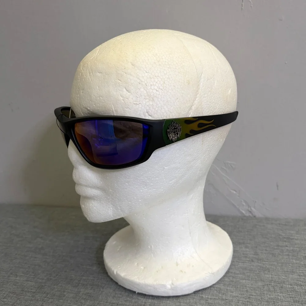 Choppers Sunglasses Men OS Black Blue Mirror Flame Wrap Biker Y2K 6792-GRN